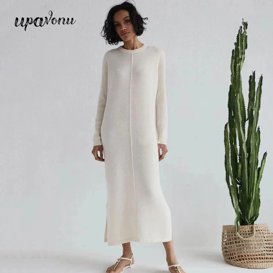 2024 Casual Midi Knit Dress Women's O-neck Long Sleeve Split Straight Dresses 2023 Autumn Pure Color Knit Vestidos Apricot