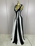 Sexy Black White Flower Stripe High fork Sleeveless Bandage Long Dress Women Vacation Party Elegangt Party Club Dresses