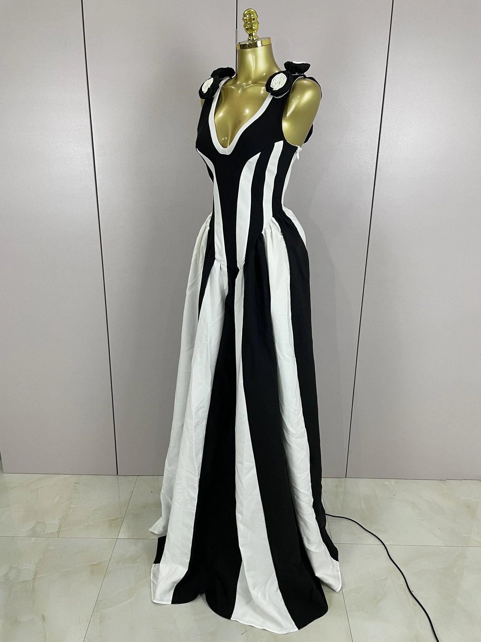 Sexy Black White Flower Stripe High fork Sleeveless Bandage Long Dress Women Vacation Party Elegangt Party Club Dresses