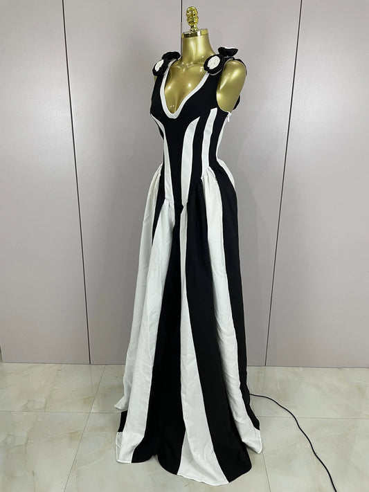 Sexy Black White Flower Stripe High fork Sleeveless Bandage Long Dress Women Vacation Party Elegangt Party Club Dresses