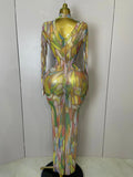 Sparkle Rhinestone High Neck Colorful Printed Long Dress Women Sexy Evening Birthday Celebrate Stage Performance Costume
