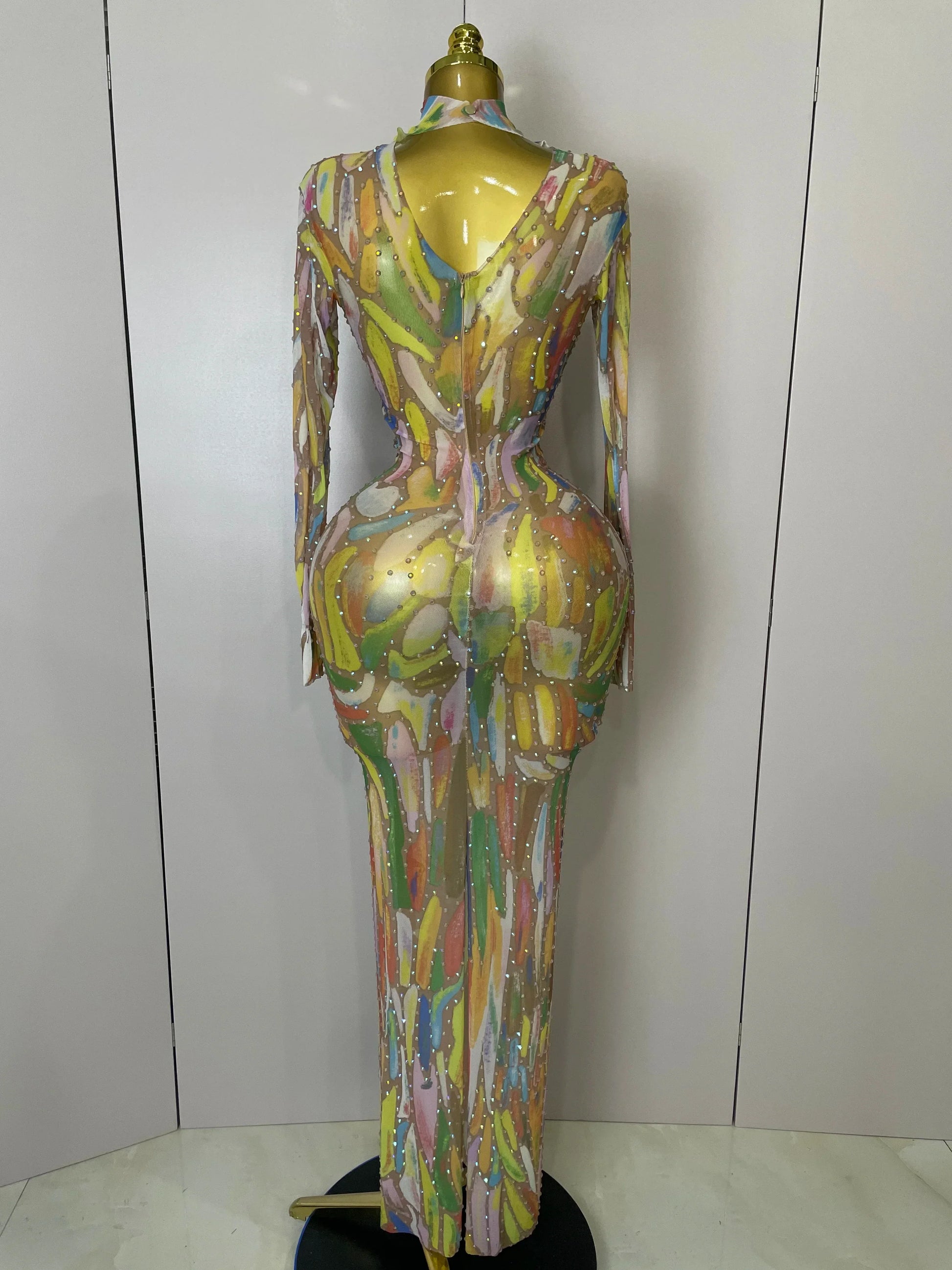 Sparkle Rhinestone High Neck Colorful Printed Long Dress Women Sexy Evening Birthday Celebrate Stage Performance Costume