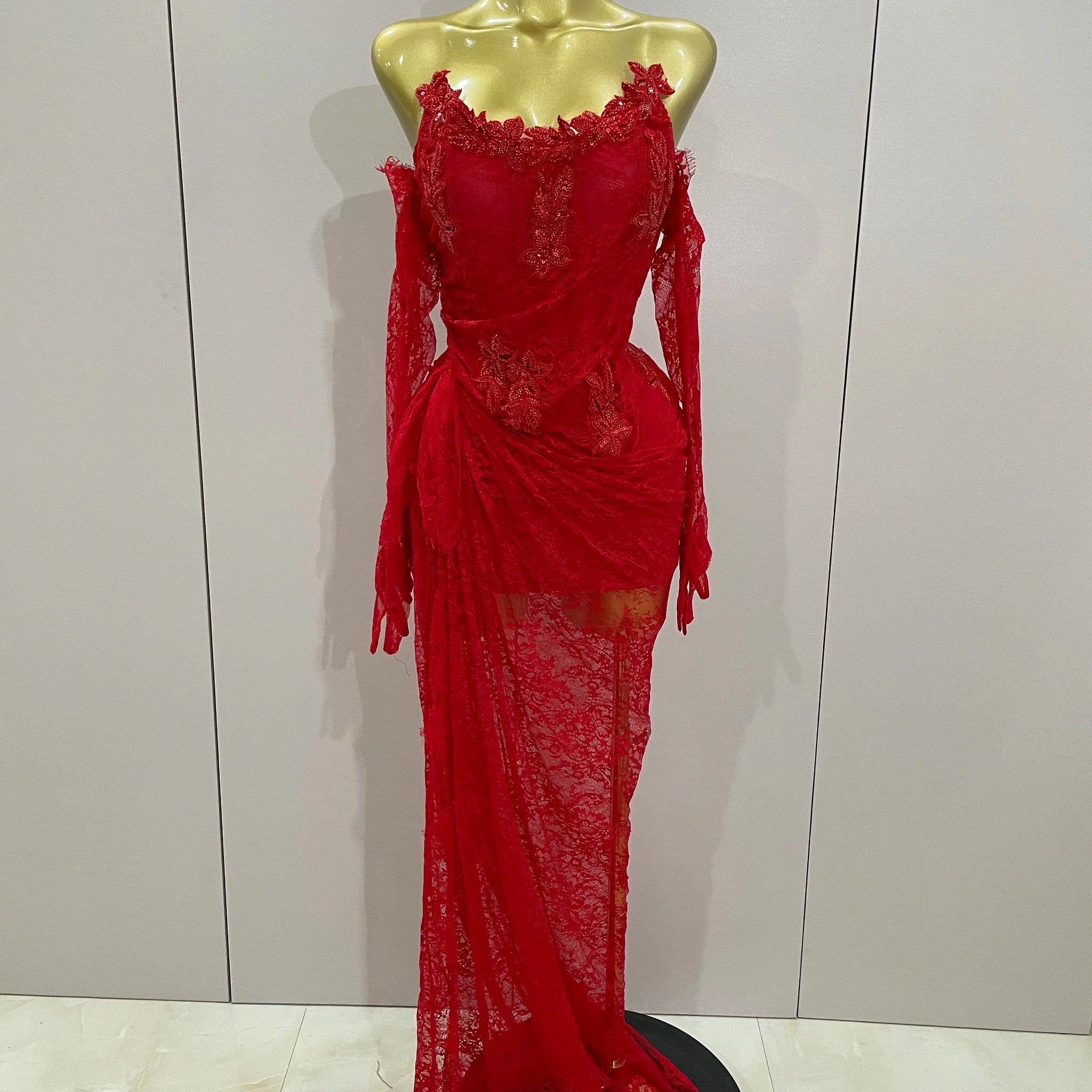 Women Sexy Strapless Backless Red Lace Split Maxi Long Bodycon Dress Celebrity Elegant Evening Club Birthday Party Outfit Red