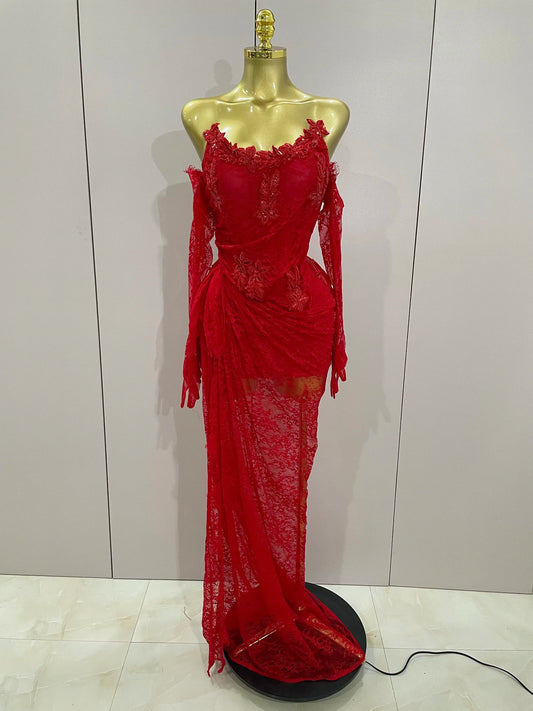 Women Sexy Strapless Backless Red Lace Split Maxi Long Bodycon Dress Celebrity Elegant Evening Club Birthday Party Outfit Red