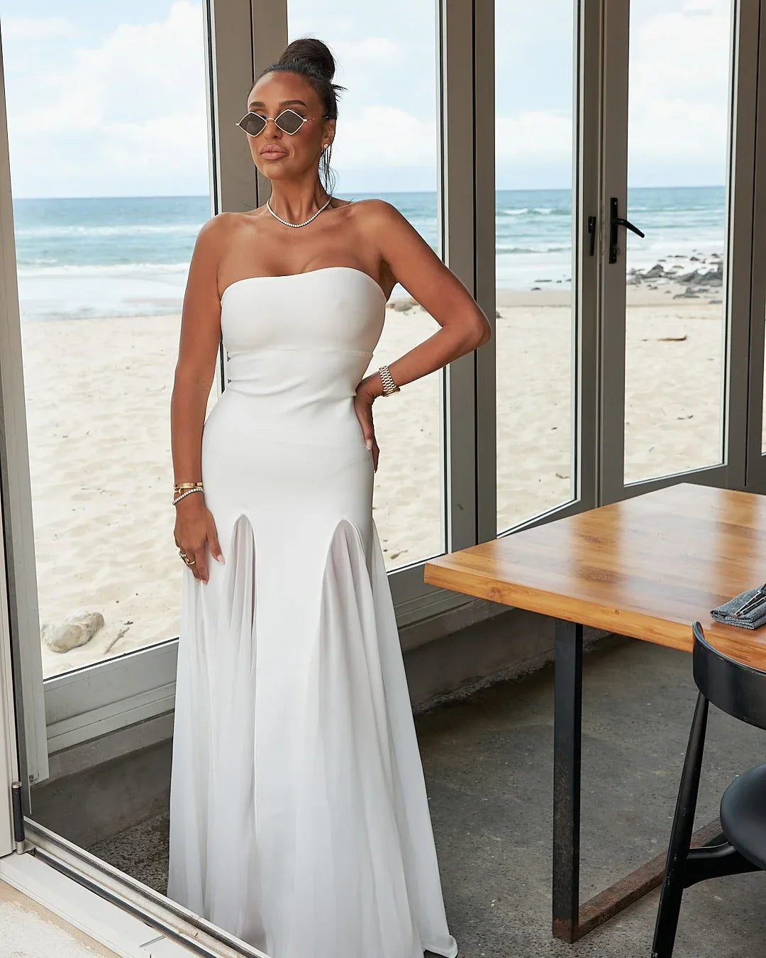 White Black Women Sexy Strapless Off the Shoulder Bodycon Long Mesh Dress Celebrate Evening Party Birthday Wedding Dress WHITE