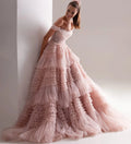 Light Pink Ball Gown Evening Dress Sweet Tulle Sweep Train Prom Dress Off Shoulder Party Dress فساتين مناسبة رسمية