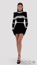 Winter Sparkling Diamonds Half High Collar Black Mini Bandage Dress Fashion Woman Evening Party Outfit