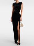 Elegant Diamond Chain High Waist hollow out Velvet Long Dress Women Sleeveless Shoulder Pad Dresses Female Evening Dresses Lady