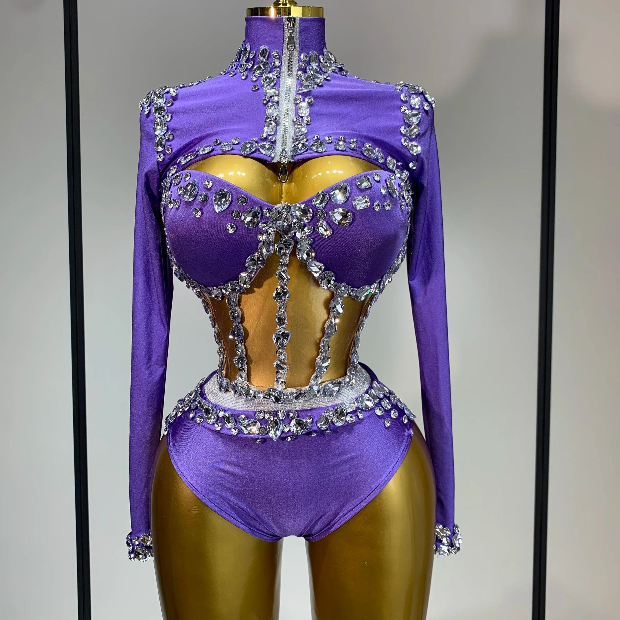 Sparkly Diamonds Three Pieces Set Stage Performance Women Designer Nightclub Birthday Party Singer Stage Activity Outfit PURPLE