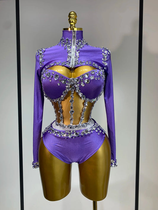 Sparkly Diamonds Three Pieces Set Stage Performance Women Designer Nightclub Birthday Party Singer Stage Activity Outfit PURPLE