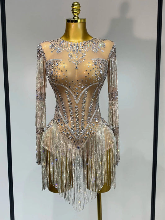 Women Sexy Mesh See Through Performance Dance Nightclub Rompers Singer Stage Outfit Sparkly Rhinestone Bodysuit Birthday Wear Silver
