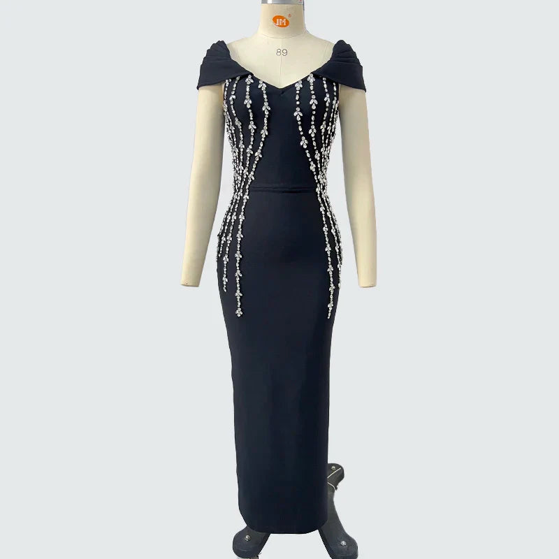 Shinning Crystal Women Sexy Short Sleeve V-Neck Bodycon Bandage Long Dress Elegant Evening Party Celebrate Outfit