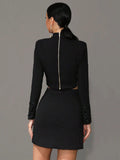 Women Heavy Industry Hot diamond Suit Short Skirt Set with Stand Collar Long Sleeve Hoodie Short Top+Mini Skirt Two Piece Set