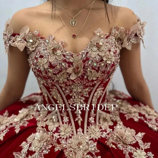 Burgundy Satin Quinceanera Dresses Gold Flower Butterfly Appliques Princess Birthday Party Gown Vestidos de 15 años