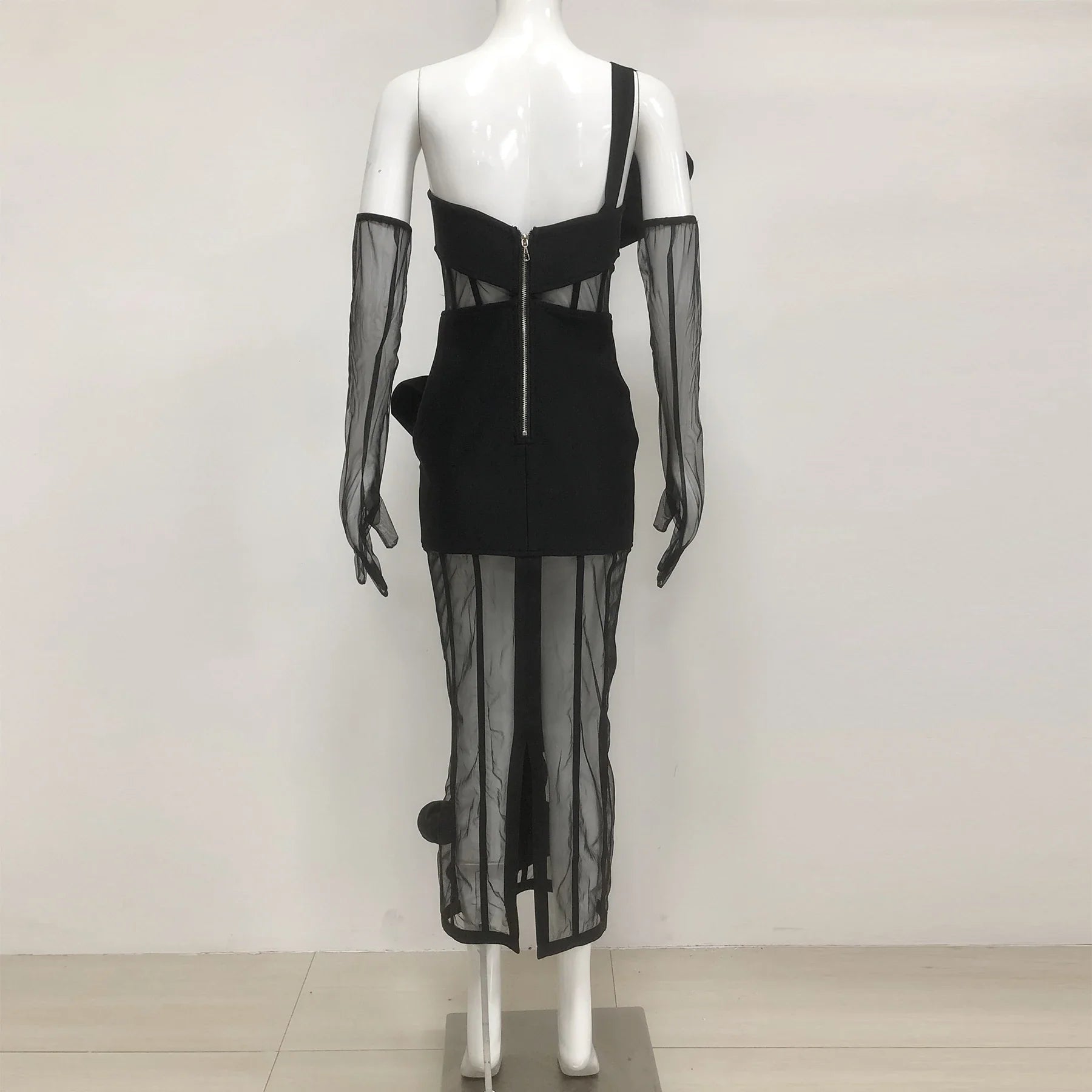 Top Quality Women Sleeveless Sexy One Shoulder Floral Mesh See Through Bodycon Bandage Long Dress Celebrate Nightclub Party Wear