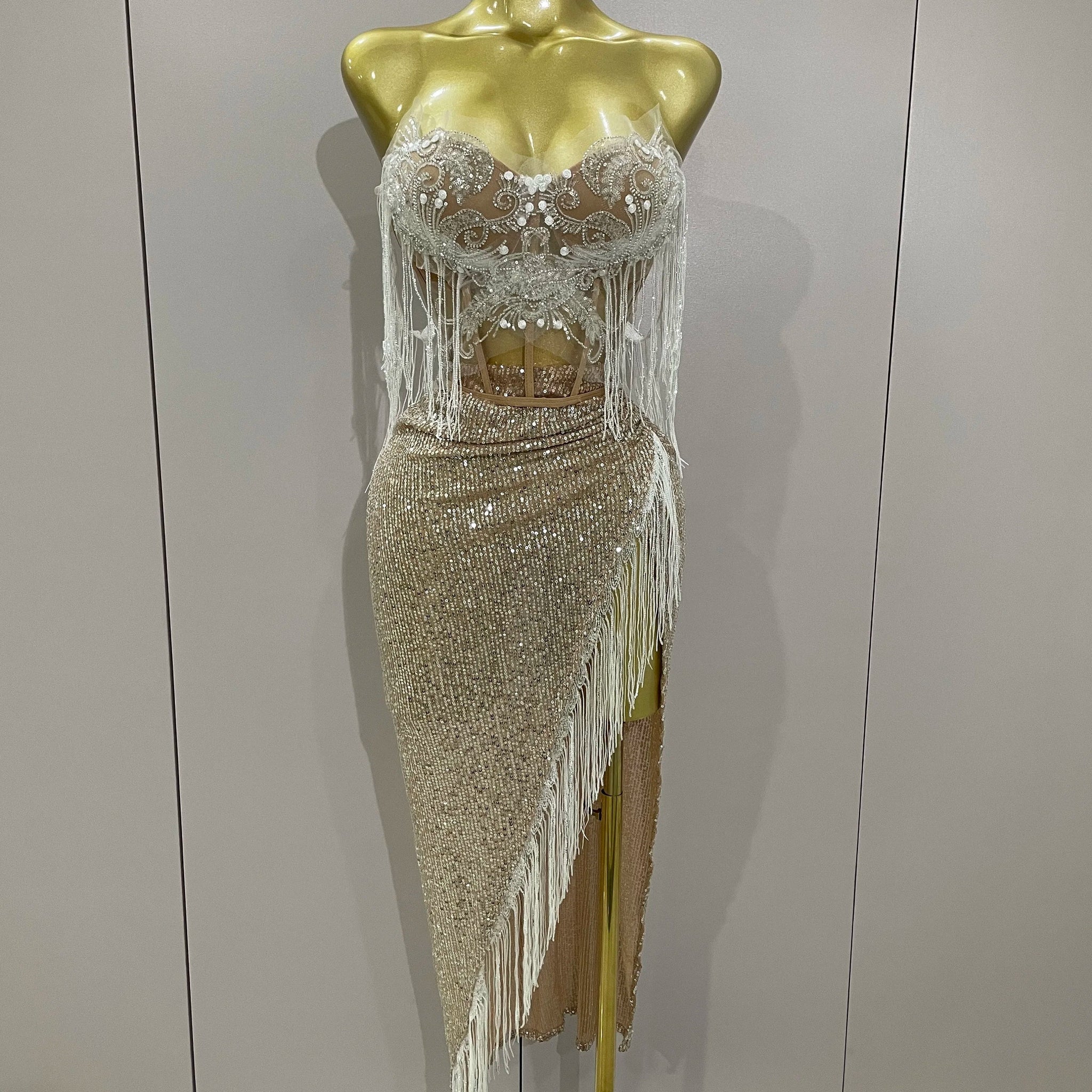 Sexy Luxury Sparkly Sequin Tassel Two Piece Set Women Evening Party Birthday Singer Performan Costume Nightclub Girl Outfit Khaki