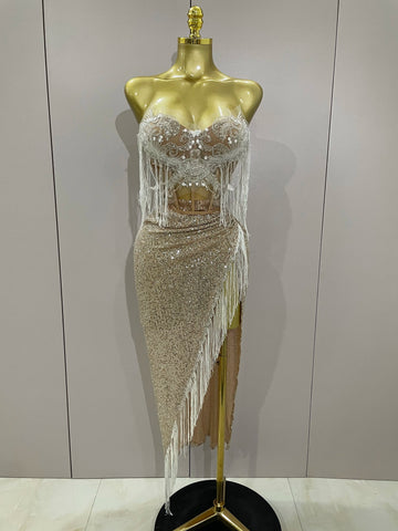 Sexy Luxury Sparkly Sequin Tassel Two Piece Set Women Evening Party Birthday Singer Performan Costume Nightclub Girl Outfit Khaki