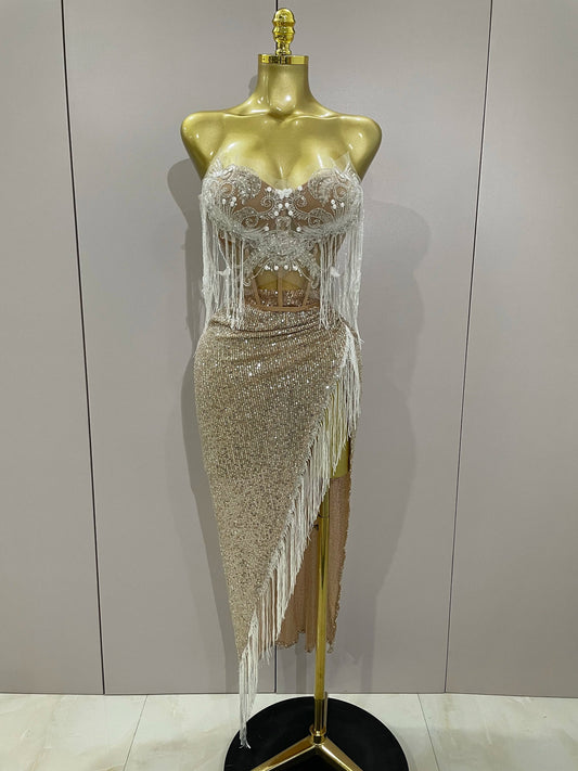 Sexy Luxury Sparkly Sequin Tassel Two Piece Set Women Evening Party Birthday Singer Performan Costume Nightclub Girl Outfit Khaki