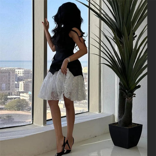 Fashion Black Saudi White Prom Dresses O-Neck Cap Sleeves Ruched Knee Length Homecoming Dress vestidos de graduación As Picture