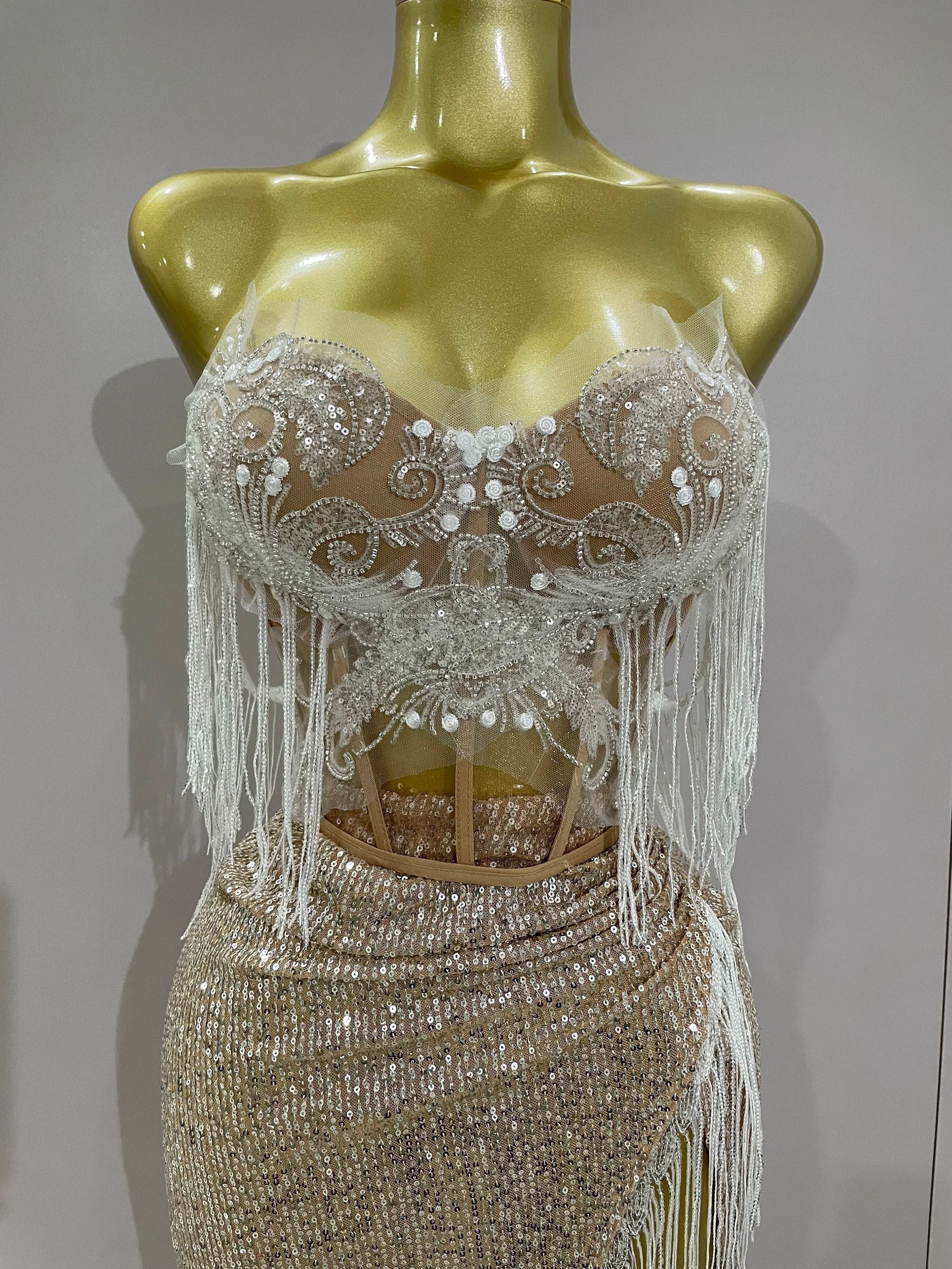 Sexy Luxury Sparkly Sequin Tassel Two Piece Set Women Evening Party Birthday Singer Performan Costume Nightclub Girl Outfit