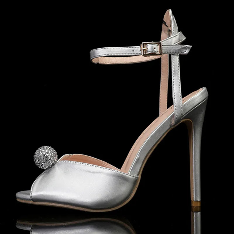 Luxury Pearls Rhinestones Peep toe Women Pumps Sandals Sexy Ankle Strap High Heels Summer Bridal Wedding Party Shoes Sandals Silver