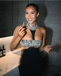Luxury Shining Diamonds Sexy Hollow Out Halter Sheath Black Ankle Length Dress Party Dress Celebrity Birthday Vestido