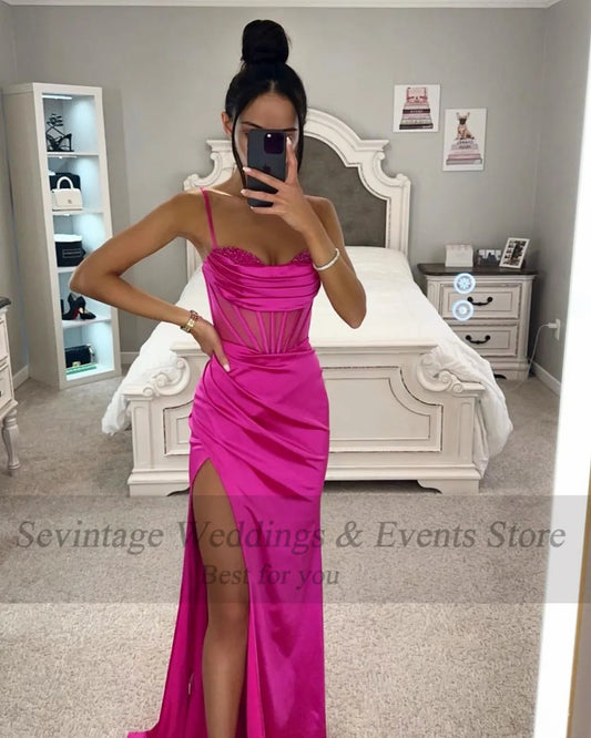 Bright Fuchsia Silk Satin Prom Dresses Appliques Pleats Women Formal Evening Dress Split Side Spaghetti Strap Outfits