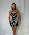Spring Women Sexy Strapless Big Crystak Bodycon Mini Bandage Dress Necklace Fashion Celebrate Nightclub Party Dress black