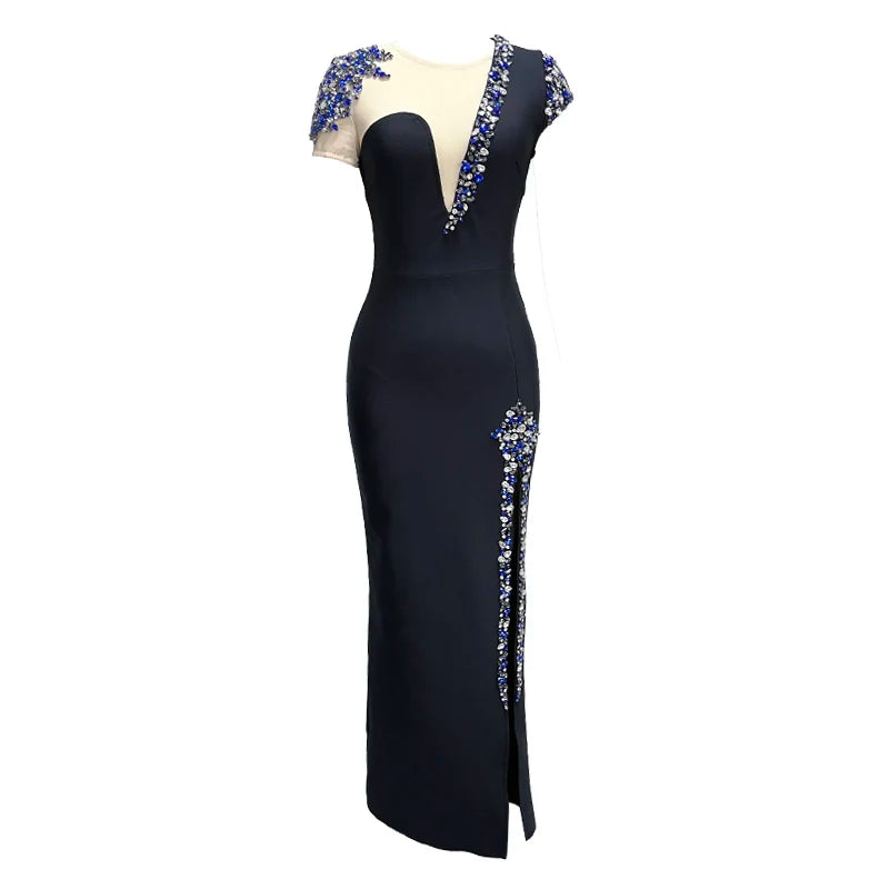 Top Quality Women Short Sleeve Shinning Crystal Bodycon Bandage Long Dress Celebrity Singer Performance Costume Stage Wear