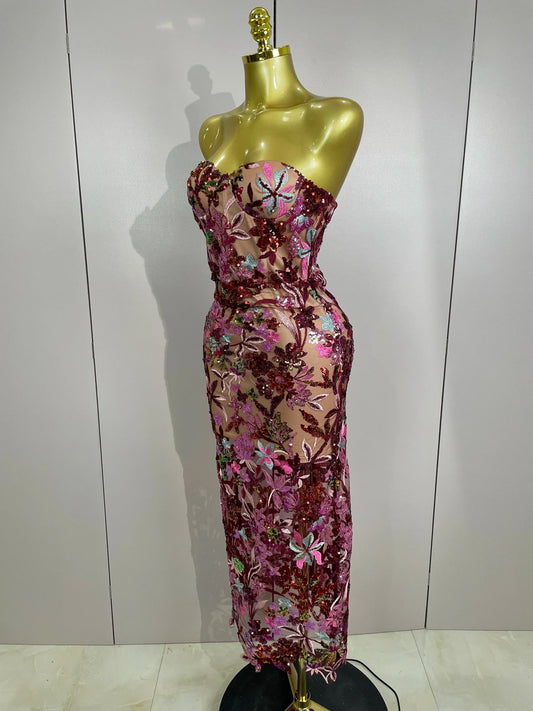 Sexy Strapless Floral Sequin Long Dress Women Sequins Flower Backless Long Slim Dress Evening Party Runway Gown Dress