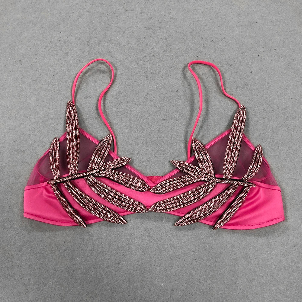 Sexy Women'S Chiffon Patchwork Satin Diamond Studded Bra Top Spaghetti Strap Sleeveless Concealed Button Ultra Short Top Rose Red