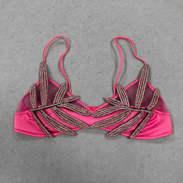 Women’s Sexy Super-Short Chiffon and Satin Patchwork Diamond Studded Spaghetti Strap Bra Top Rose Red
