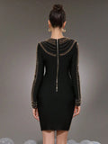 Elegant Women's Light Luxury Rivet Design Bandage Dress O-neck Long Sleeve Bodycon Black Mini Dress Evening Party Vestidos