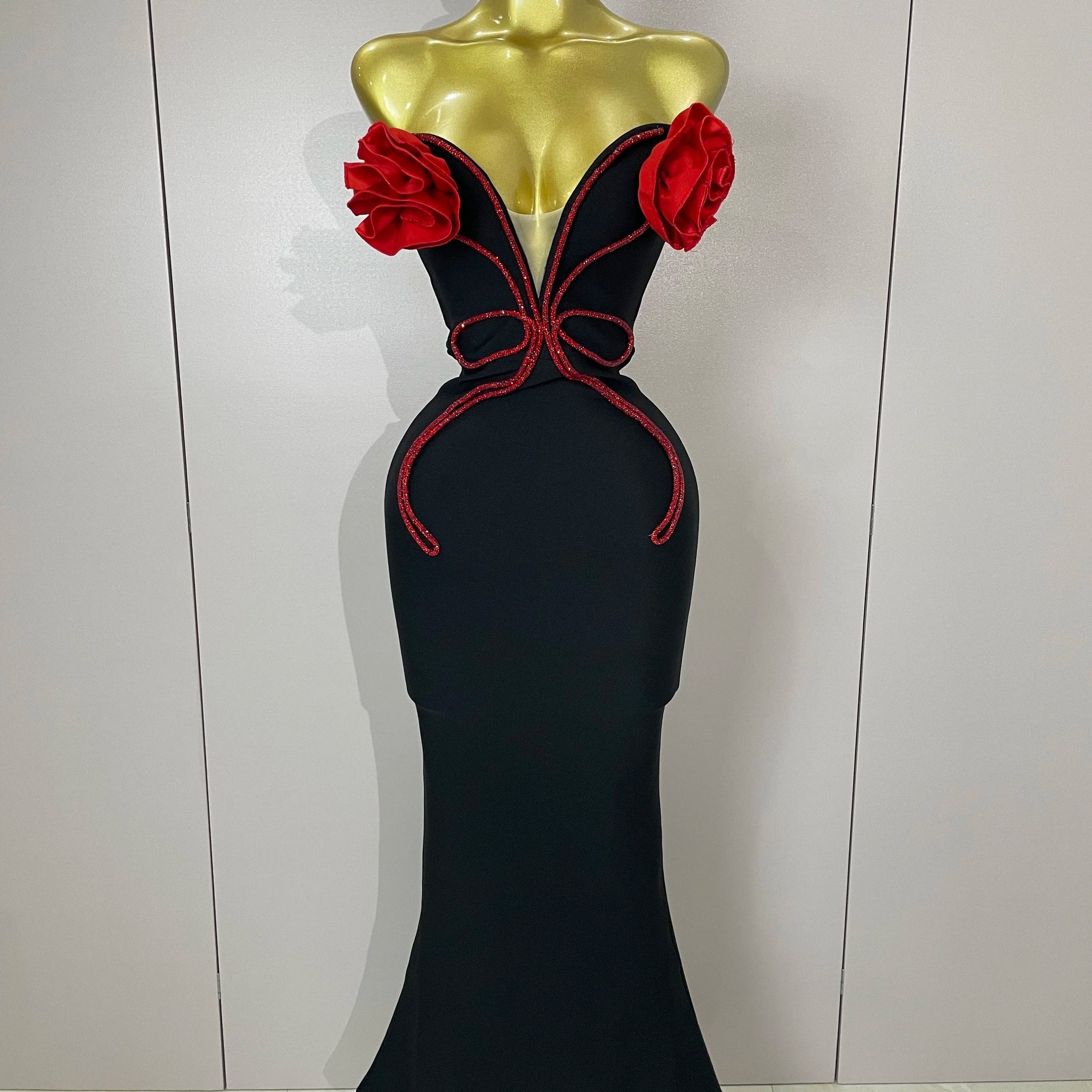 black Off Shoulder Red Flower Bandage Long Dress Women Elegant Fshion Celebrity Party Dress black