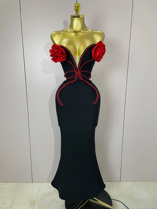 black Off Shoulder Red Flower Bandage Long Dress Women Elegant Fshion Celebrity Party Dress black