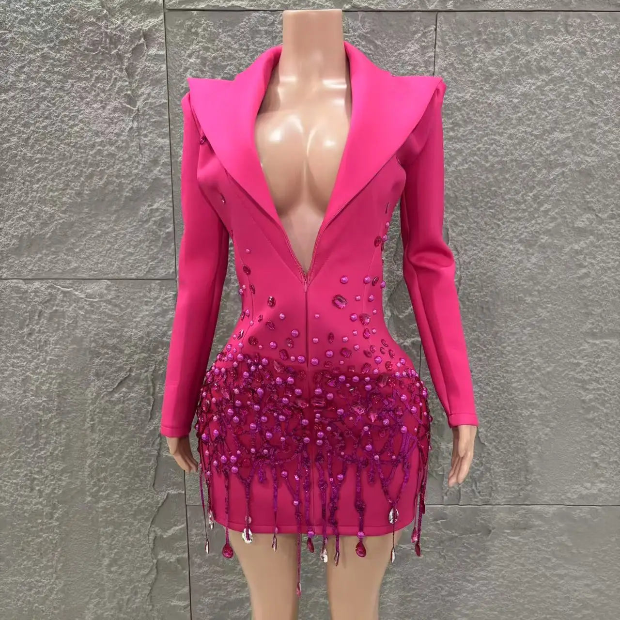 Women Long Sleeve Sexy Deep V-Neck Bodycon Blazer Dress Shinning Sequins Celebrate Nightclub Bar Singer Stage Wear Rose Red