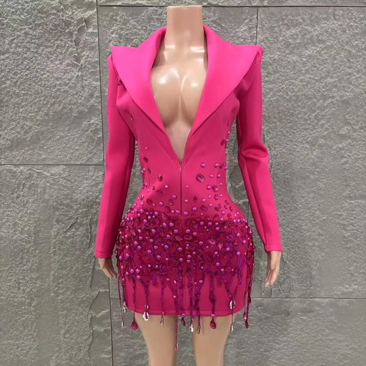 Women Long Sleeve Sexy Deep V-Neck Bodycon Blazer Dress Shinning Sequins Celebrate Nightclub Bar Singer Stage Wear Rose Red