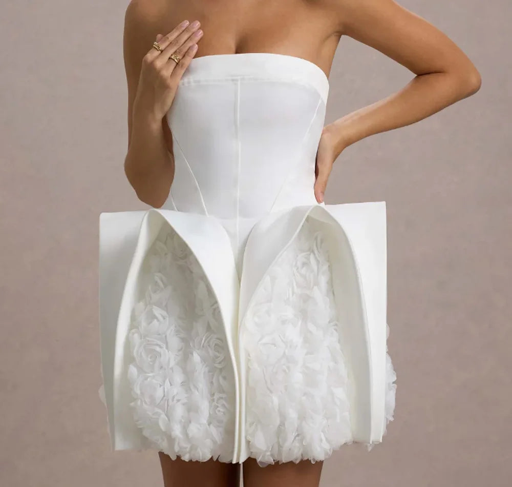 White Color Women Sexy Strapless Florals Bodycon Mini Dress Cute Girls' Birthday Party Celebrate Wedding Outfit