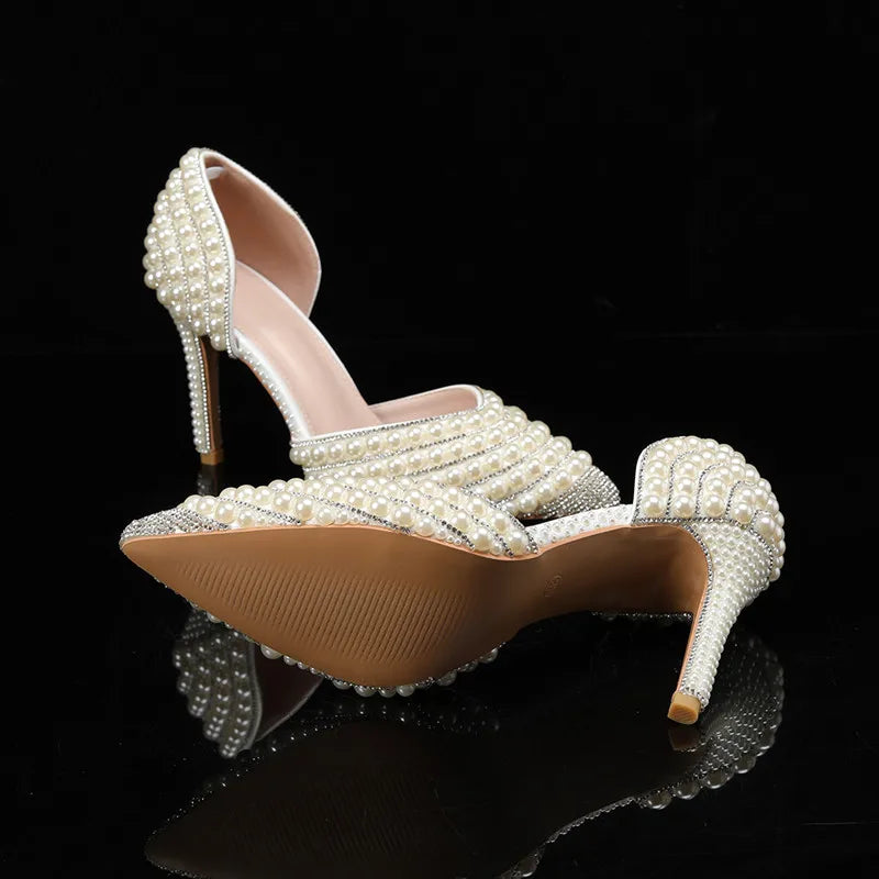 Luxury Handmade Full Pearls Rhinestones Wedding Women Pumps Elegant Pointed toe Bridal Thin High heels Fashion Party Prom Shoes