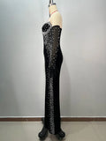 Women Light Luxury Beaded Velvet Dress+Thin Gauntlet Gloves Fashion Bodycon Bareback Sexy Long Dress Evening Party Vestidos