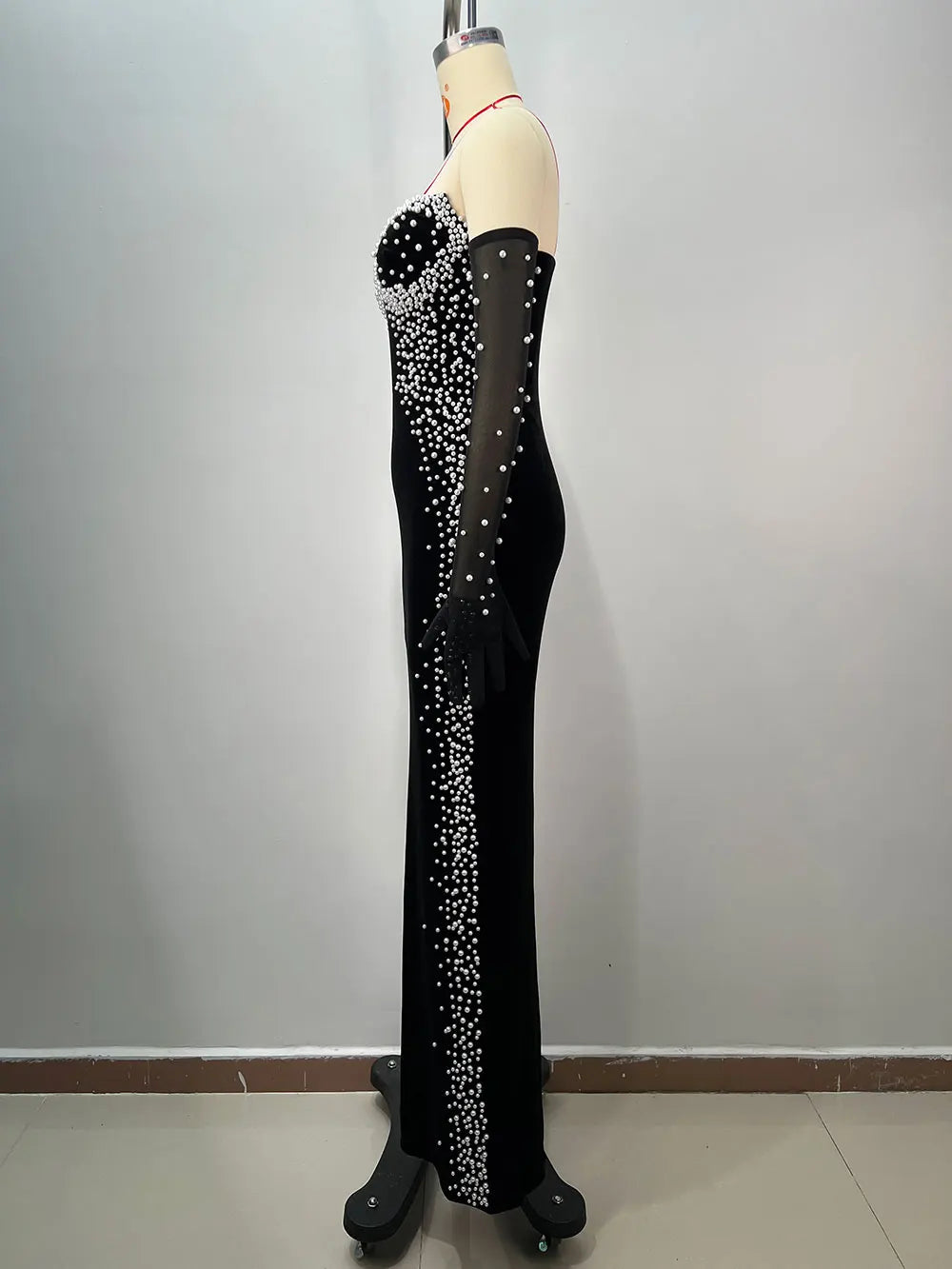 Women Light Luxury Beaded Velvet Dress+Thin Gauntlet Gloves Fashion Bodycon Bareback Sexy Long Dress Evening Party Vestidos