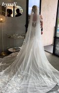 White , Light Ivory 1 Tier Pearl Veil Lace Fingertip Length Bridal Veil