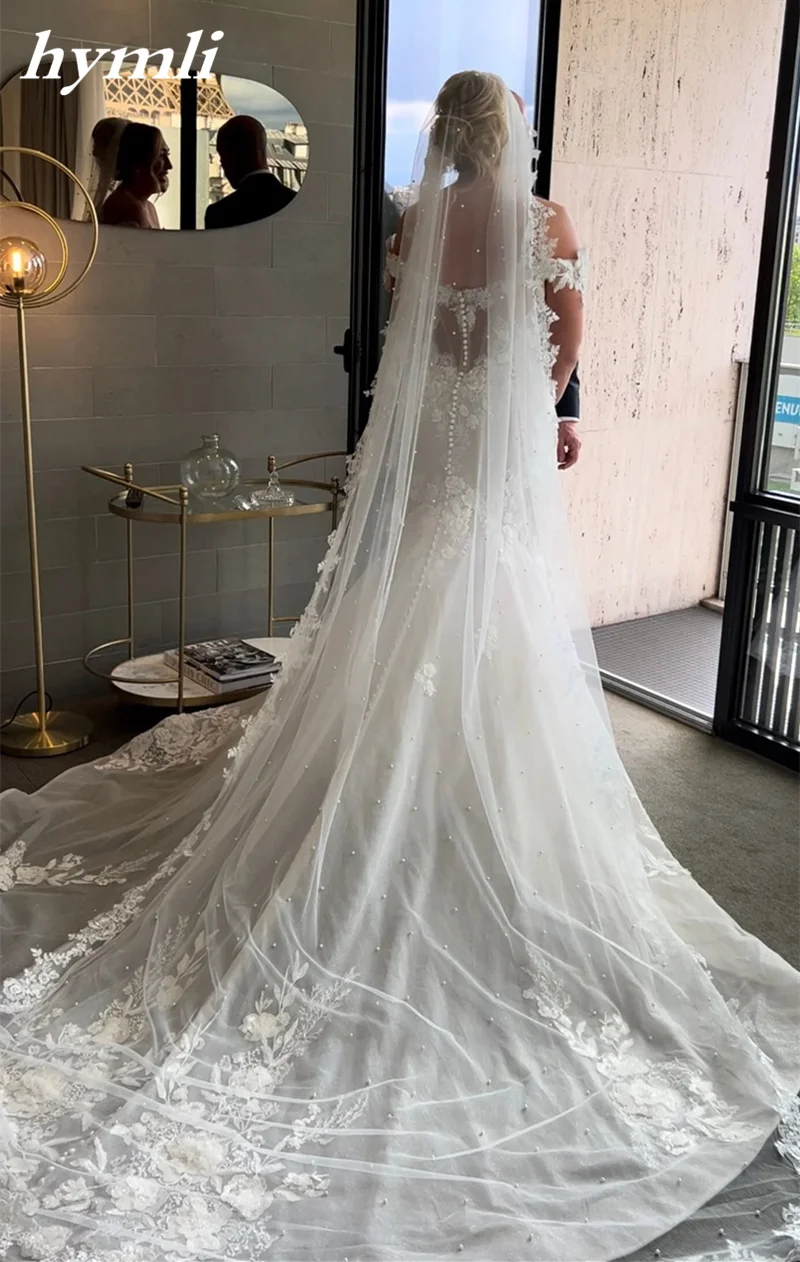 White , Light Ivory 1 Tier Pearl Veil Lace Fingertip Length Bridal Veil