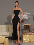 Sexy Women'S Patchwork Bead Design Bandage Dress Strapless Sleeveless Bodycon Backless Split Length Dresses Party Vestidos black