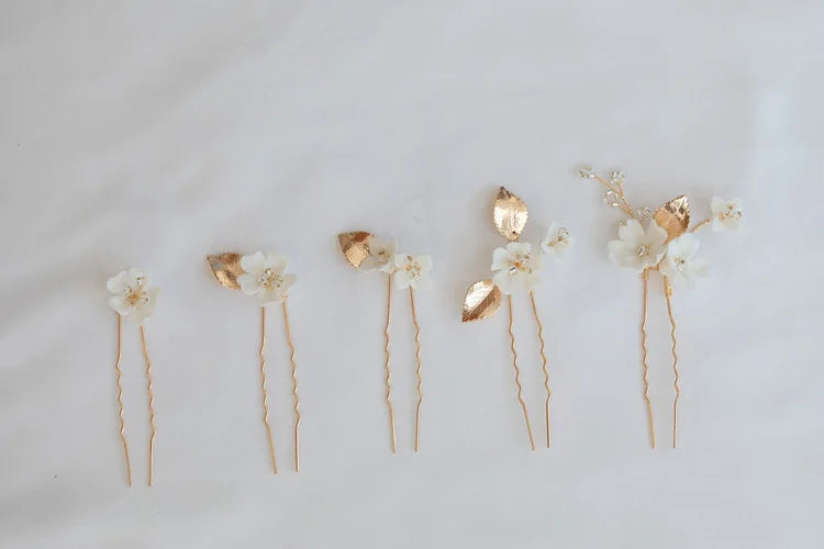 Bridal Accessories Porcelain Flower Hair Pins Clips Vintage Gold Color Hairpins For Brides Women Head Pieces Wedding Jewelry