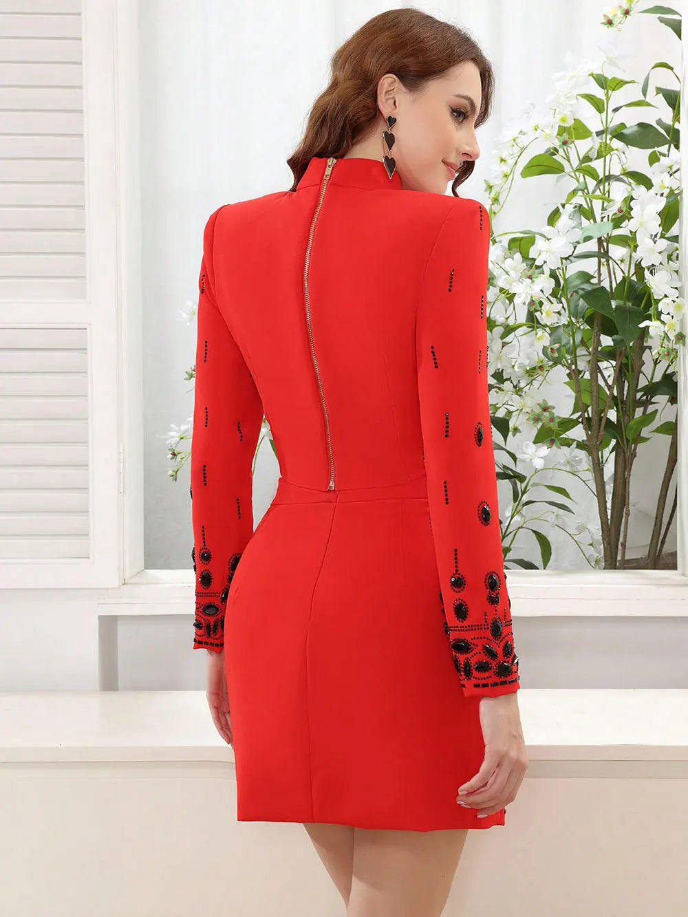 Women Heavy Industry Hot diamond Suit Short Skirt Set with Stand Collar Long Sleeve Hoodie Short Top+Mini Skirt Two Piece Set