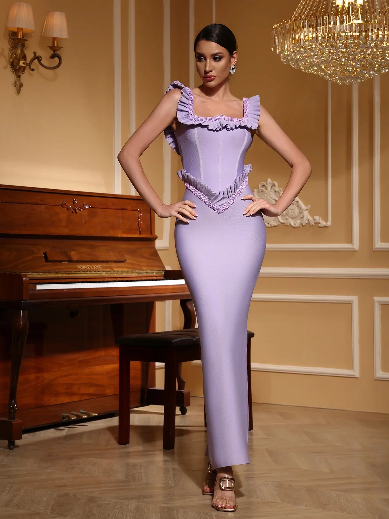Purple Color Women Sleeveless Sexy Square Collar Ruffles Bodycon Long Bandage Dress Elegant Evening Party Cocktail Outfit