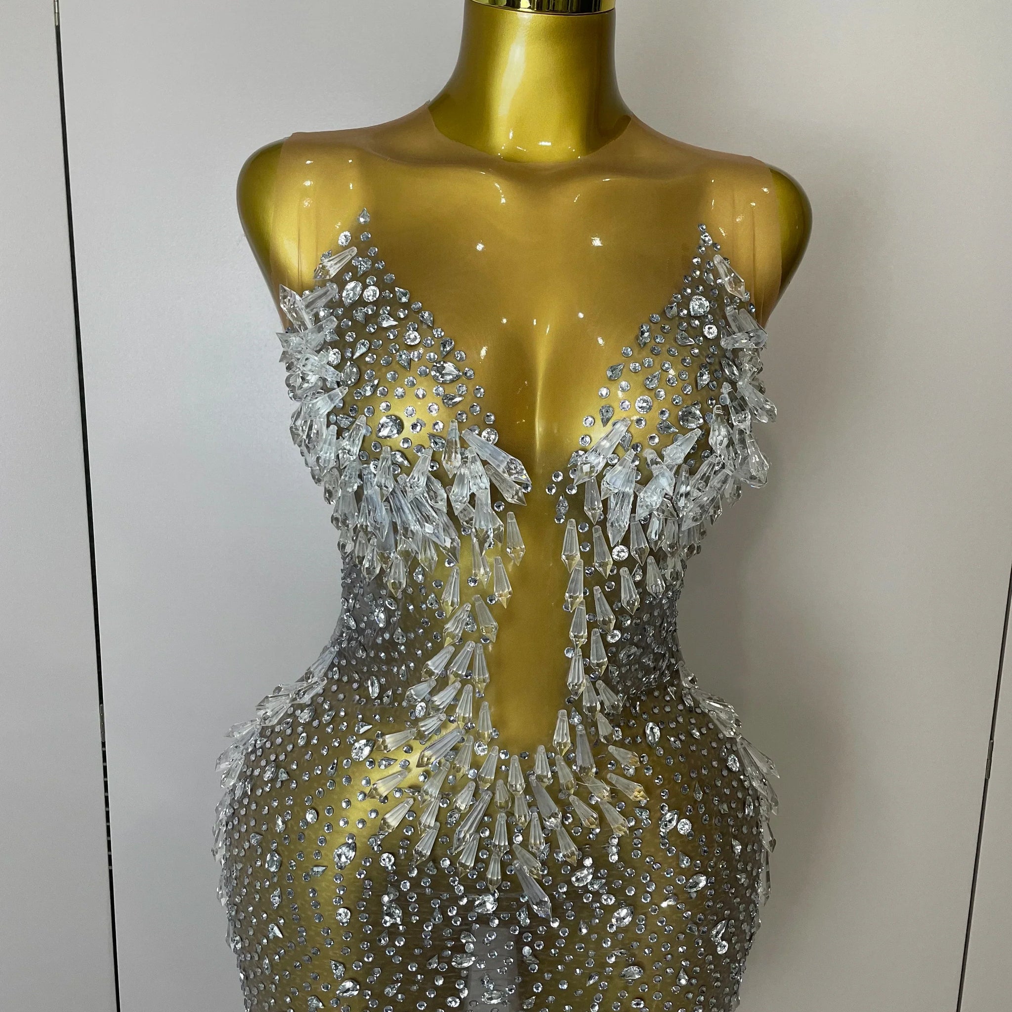 Women Luxury Sexy Mesh Crystal Diamonds Mini Dress Birthday Party Costume Nightclub Stage Performance Singer Outfit Silver