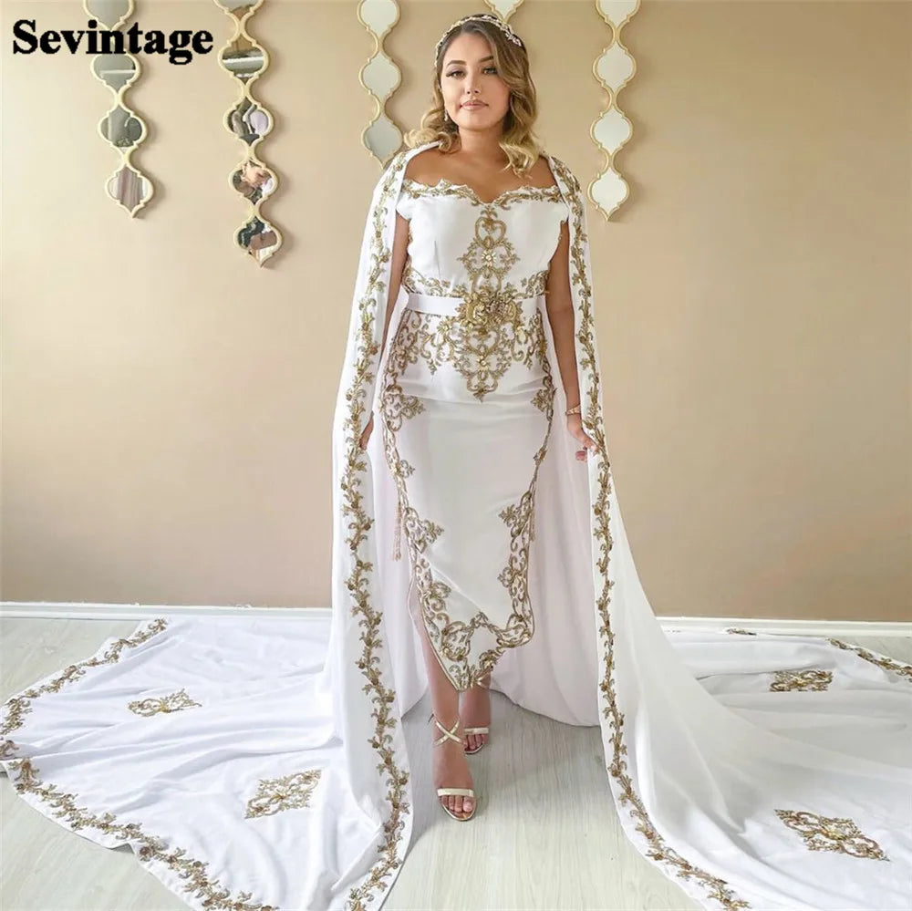 Modest White Traditional Algerian Outfits Mermaid Strapless Appliques Cape With Train Floor Length Formal Prom Gowns