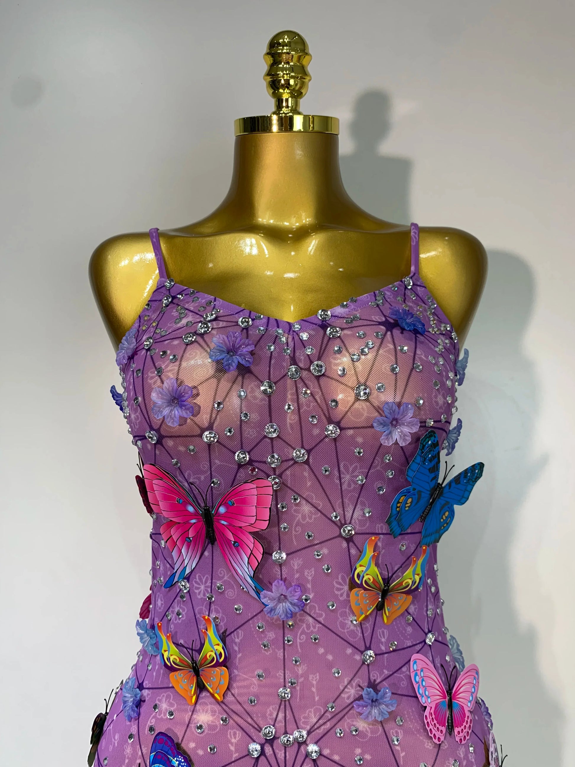 Sparkly Women Sexy Mesh See Through Dress New Arrival Butterfly Purple Celebrity Luxury Birthday Nightclub Stage Outfit
